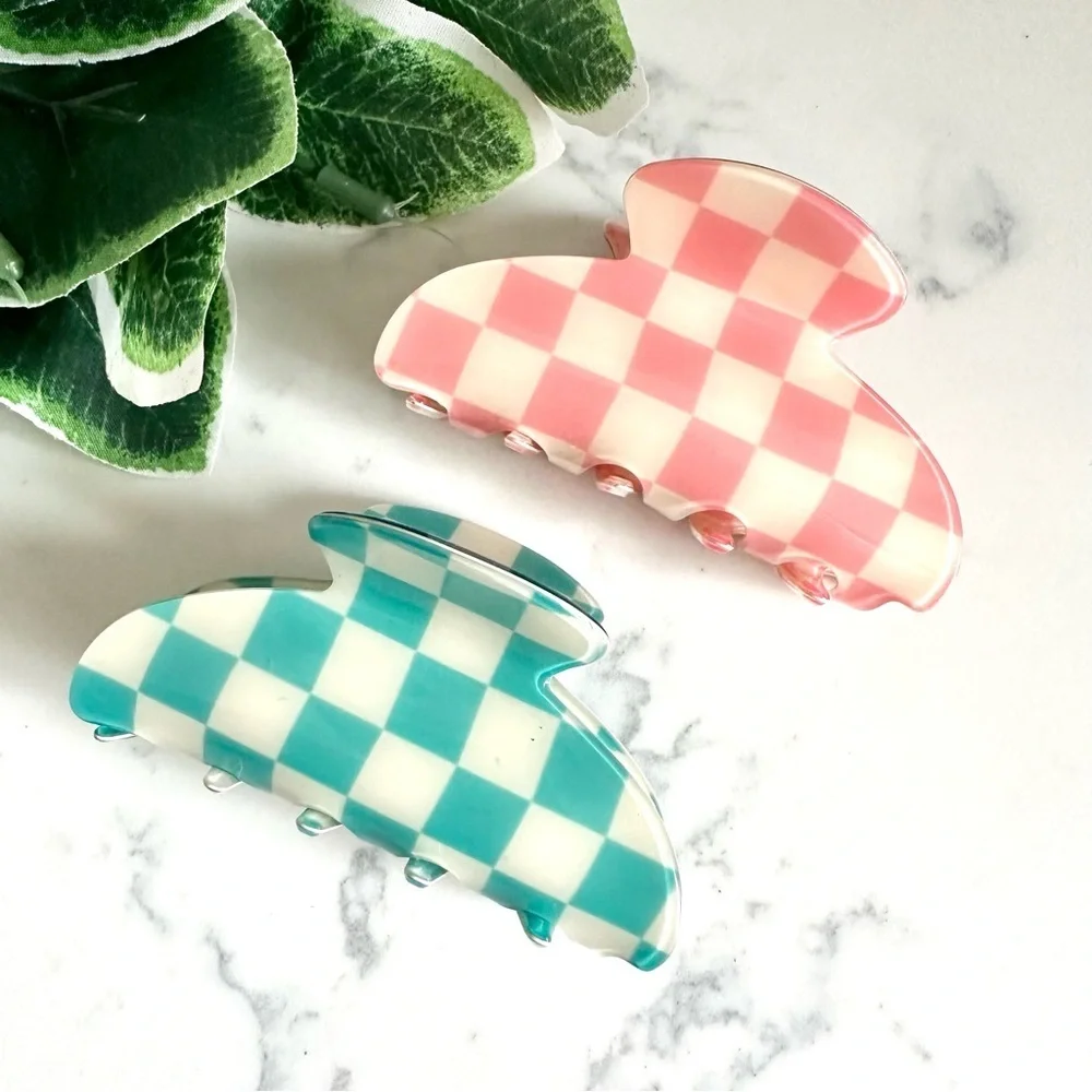 3/$22🩶  Teal & Pink Checkerboard Claw Clips Hair Accessory Acrylic Checker NEW